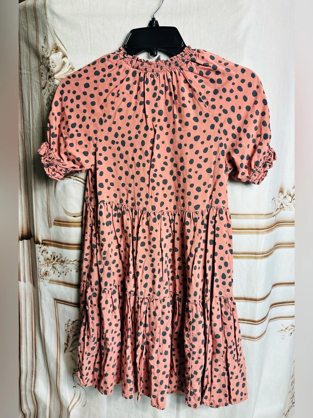 Smocked Neck Pink Polka Dot Tiered Girls Dress